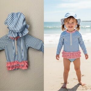 Toddler Girls Striped Ruffle Swim Set + Hat size 90 (2T)